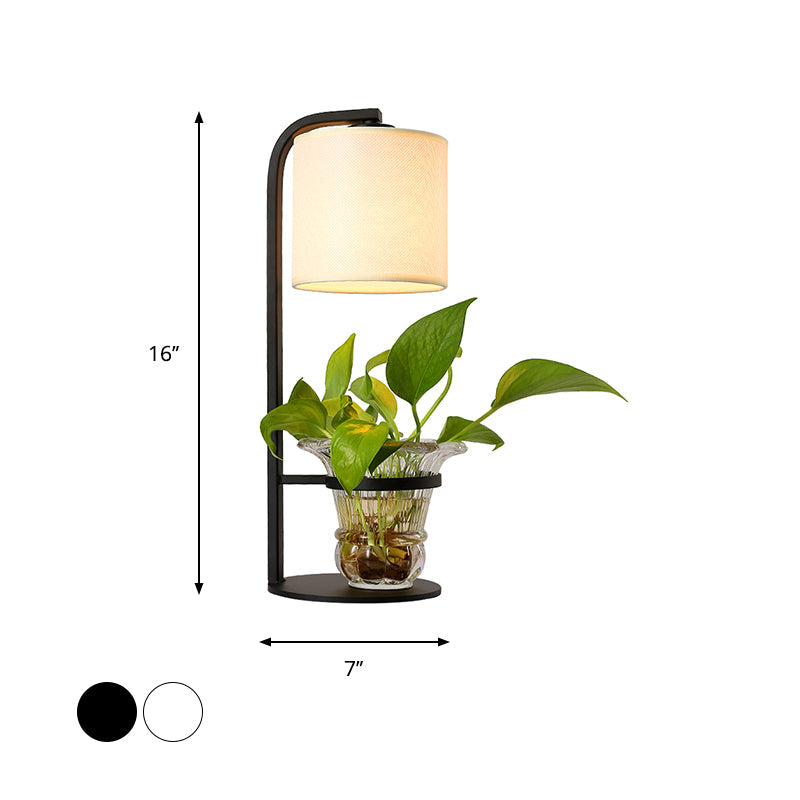 Industrial Nightstand Lamp With Black/White Fabric Clear Glass Plant Container And Night Light