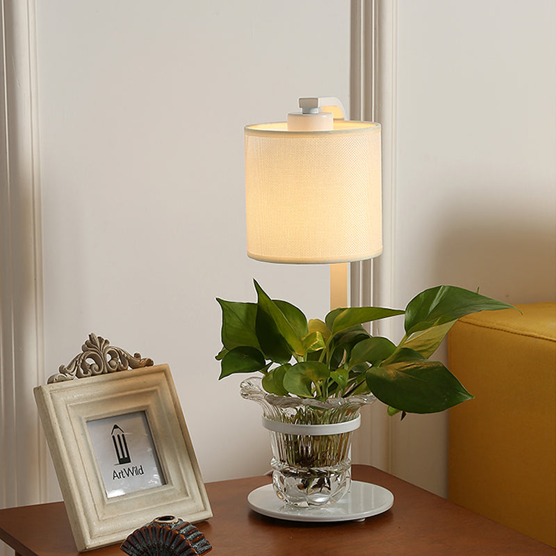 Industrial Nightstand Lamp With Black/White Fabric Clear Glass Plant Container And Night Light