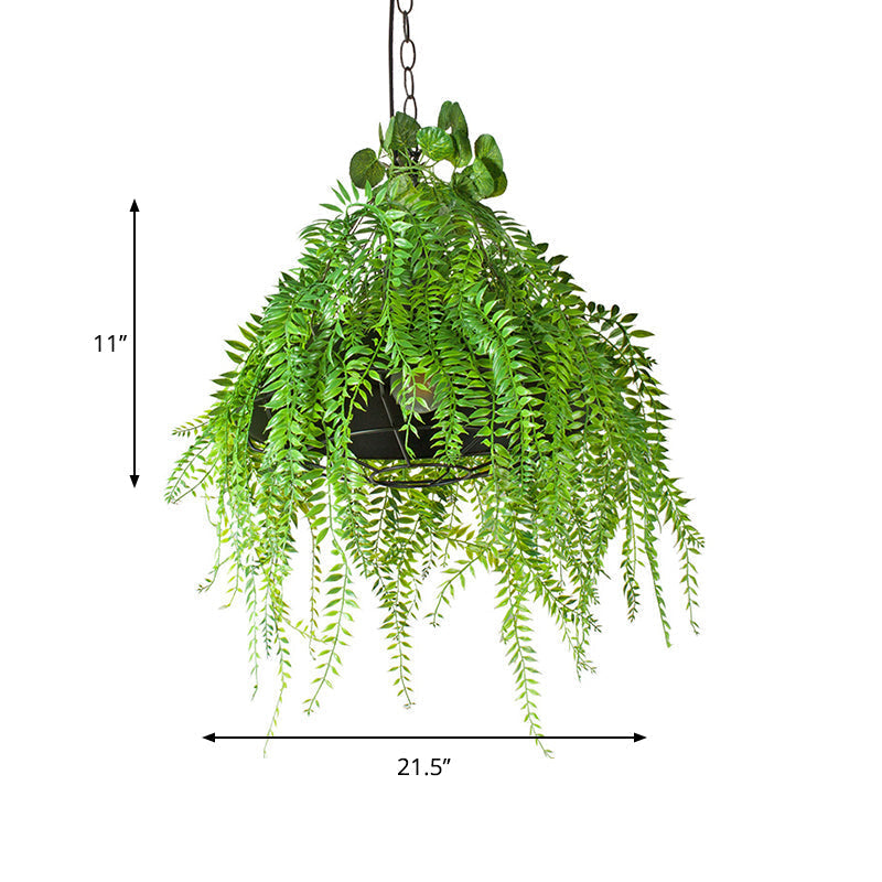 Wire Guard Drop Pendant Light With Artificial Green Plant - Iron Hanging Ceiling In Black