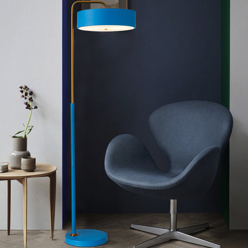 1-Head Macaron Floor Lamp - Black/Blue/Yellow Finish Drum Standing Light For Living Room