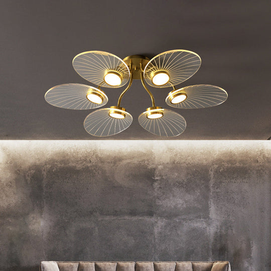 Modern Brass Ceiling Lamp with 6 Heads and Leaf Acrylic Shade