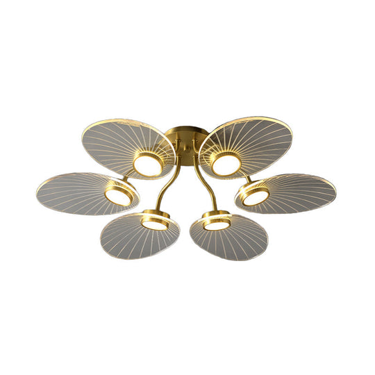 Modern Brass Ceiling Lamp with 6 Heads and Leaf Acrylic Shade