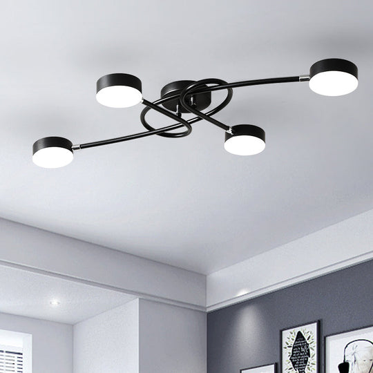 Modernist LED Drum Living Room Semi-Flush Black Ceiling Lamp with Twisted Arm, 4 Lights