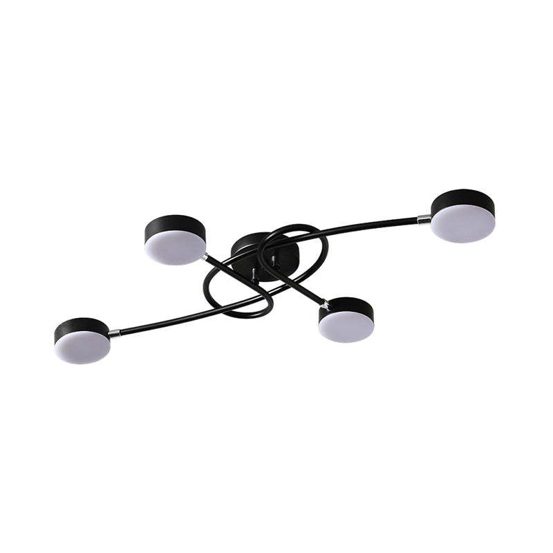 Modernist LED Drum Living Room Semi-Flush Black Ceiling Lamp with Twisted Arm, 4 Lights