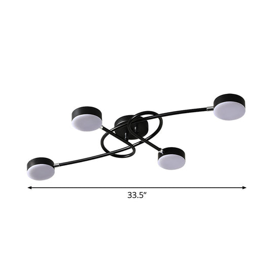 Modernist LED Drum Living Room Semi-Flush Black Ceiling Lamp with Twisted Arm, 4 Lights