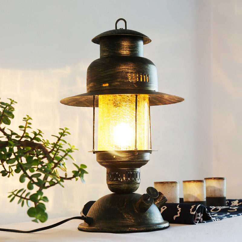 Coastal Yellow Crackle Glass Kerosene Desk Light - Rustic Metal Table Lamp Brass