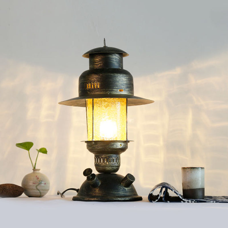 Coastal Yellow Crackle Glass Kerosene Desk Light - Rustic Metal Table Lamp