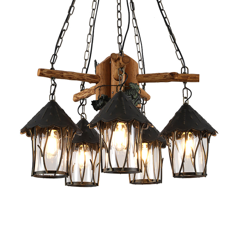 Evelyn - Restaurant Black Lantern Chandelier Factory Style Clear Glass 5 Heads Restaurant Pendant Lighting Fixture with Wood Branch Beam