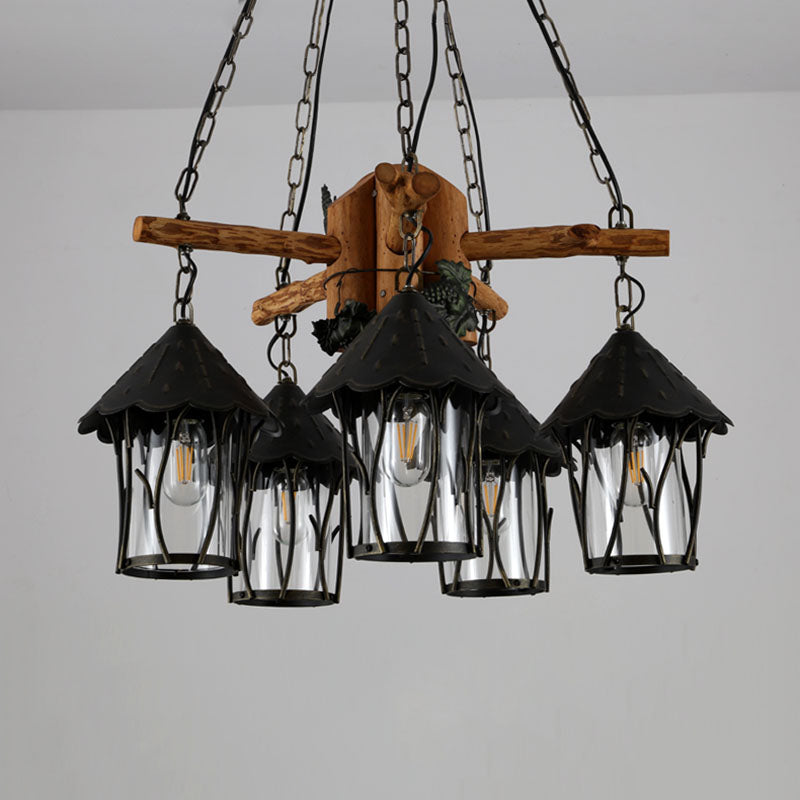 Evelyn - Restaurant Black Lantern Chandelier Factory Style Clear Glass 5 Heads Pendant Lighting