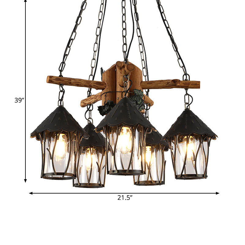 Evelyn - Restaurant Black Lantern Chandelier Factory Style Clear Glass 5 Heads Restaurant Pendant Lighting Fixture with Wood Branch Beam