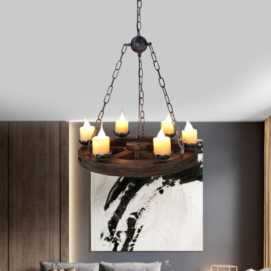 Marina - Marble Chandelier Lamp: Elegant 6-Head Pendant with Wood Wheel Design