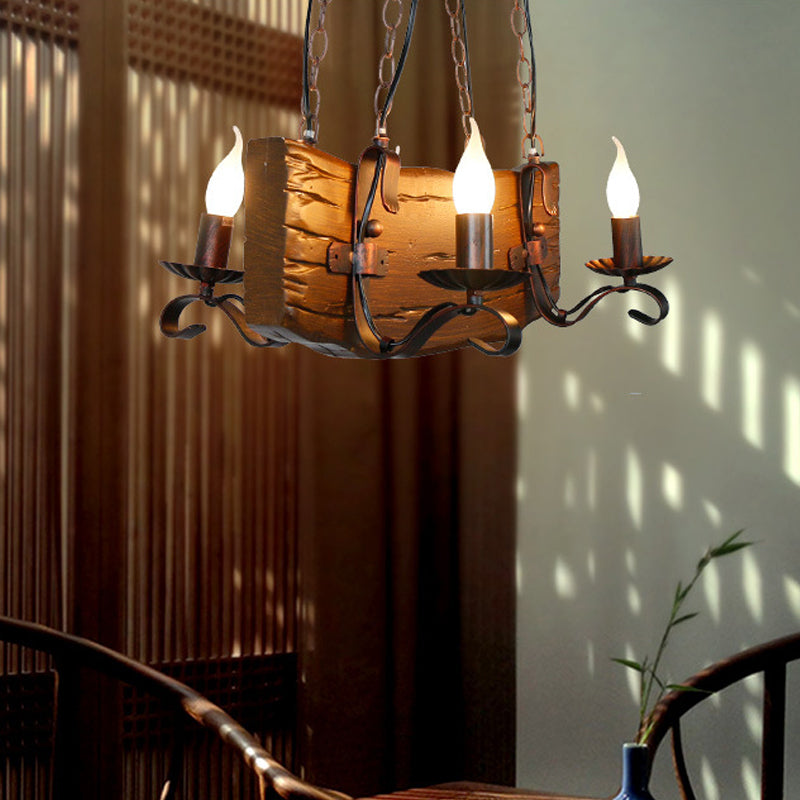 Copper Metal Pendant Lamp With Wood Beam - Island Lighting For Warehouse 4 Lights