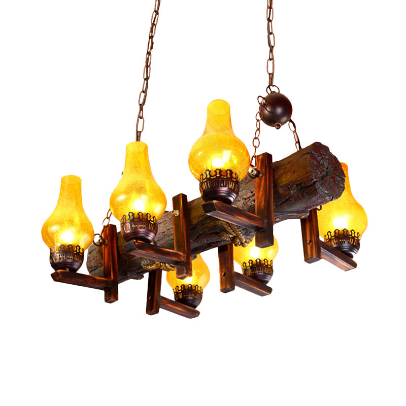 Coastal Brown Island Pendant Lamp With Yellow Crackle Glass Vase Shade And Resin Linear Beam - 6