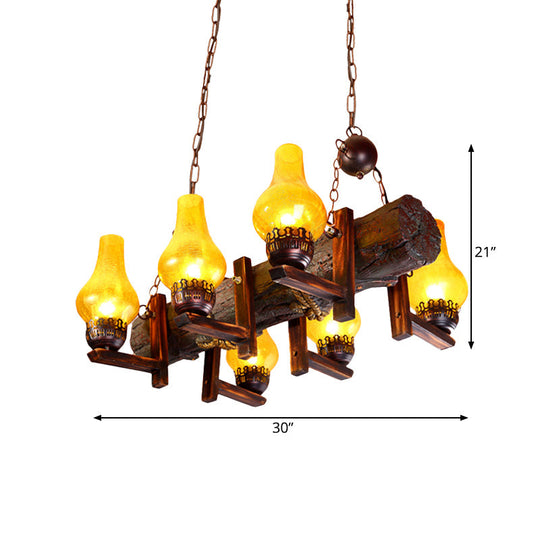 Coastal Brown Island Pendant Lamp With Yellow Crackle Glass Vase Shade And Resin Linear Beam - 6