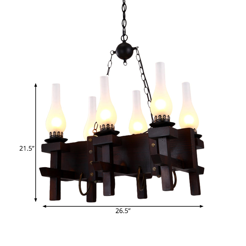 Black Industrial Pendant Light With Frosted Glass - 6 Heads Wood Linear Beam