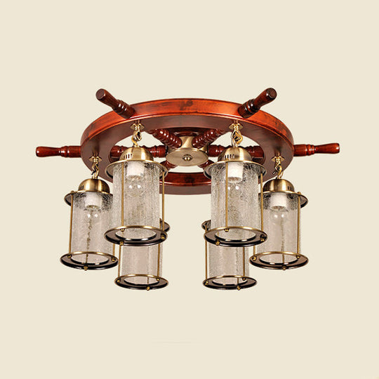 Gold Semi Flush Mount Light with Clear Crackle Glass and Wood Rudder Design - 6 Lights