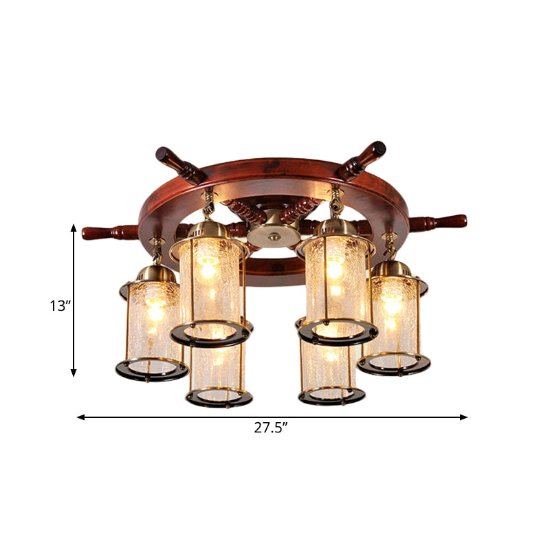 Gold Semi Flush Mount Light with Clear Crackle Glass and Wood Rudder Design - 6 Lights