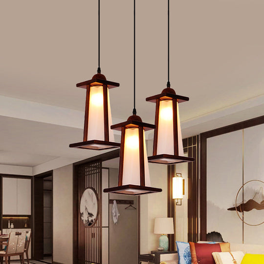 3-Light Coastal Wood Cluster Pendant with Frosted Glass Trapezoid Shade - Stylish Hanging Ceiling Light