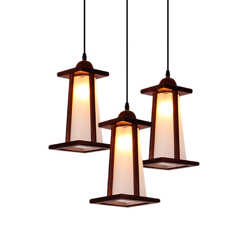 3-Light Coastal Wood Cluster Pendant with Frosted Glass Trapezoid Shade - Stylish Hanging Ceiling Light