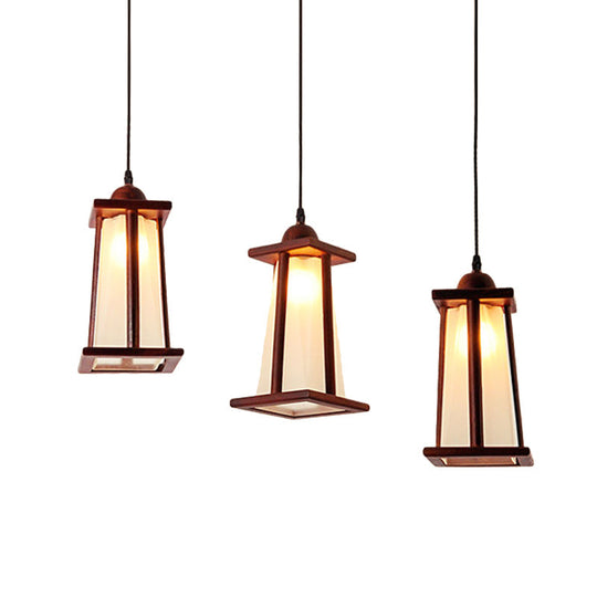 3-Light Coastal Wood Cluster Pendant with Frosted Glass Trapezoid Shade - Stylish Hanging Ceiling Light