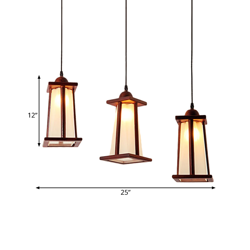 3-Light Coastal Wood Cluster Pendant with Frosted Glass Trapezoid Shade - Stylish Hanging Ceiling Light