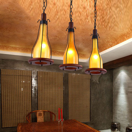 Brown Bottle Pendant Light with Cluster Design - Yellow/White Glass, 3 Heads - for Dining Room Ceiling - Wood Linear Canopy