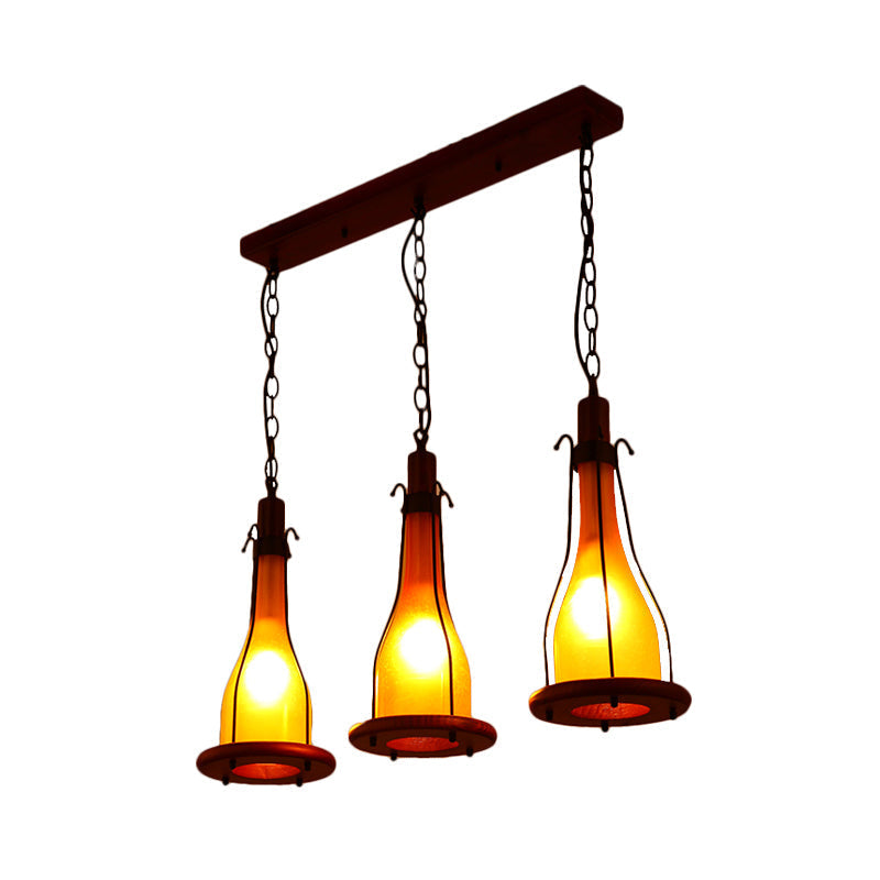 Brown Bottle Pendant Light with Cluster Design - Yellow/White Glass, 3 Heads - for Dining Room Ceiling - Wood Linear Canopy