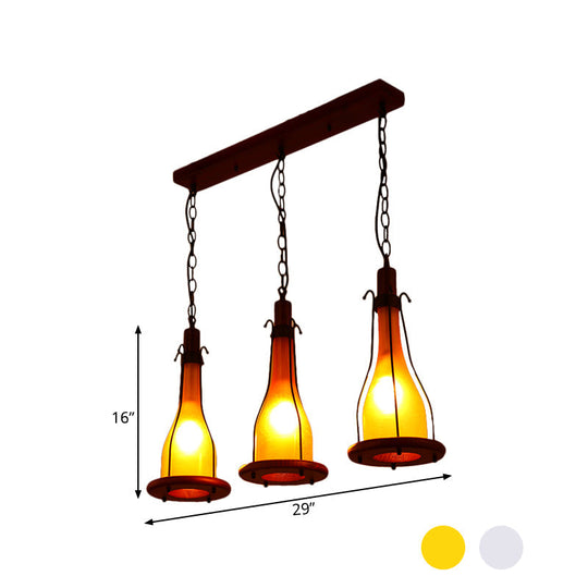 Brown Bottle Pendant Light with Cluster Design - Yellow/White Glass, 3 Heads - for Dining Room Ceiling - Wood Linear Canopy