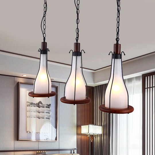 Brown Bottle Pendant Light with Cluster Design - Yellow/White Glass, 3 Heads - for Dining Room Ceiling - Wood Linear Canopy