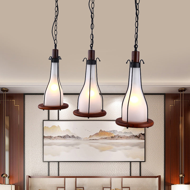 Brown Bottle Pendant Light with Cluster Design - Yellow/White Glass, 3 Heads - for Dining Room Ceiling - Wood Linear Canopy