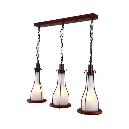 Brown Bottle Pendant Light with Cluster Design - Yellow/White Glass, 3 Heads - for Dining Room Ceiling - Wood Linear Canopy