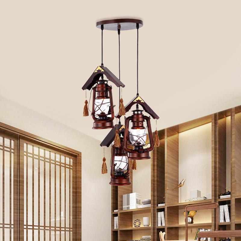 Retro Copper Kerosene Pendant Lighting With Clear Glass And Wood Roof Deco - 3 Lights For Dining