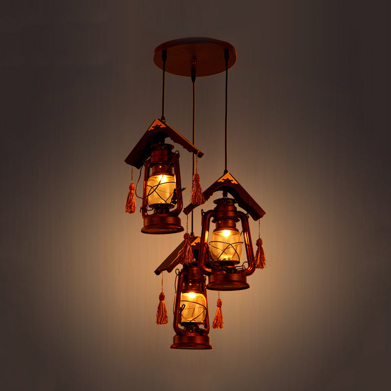 Vintage Copper Kerosene Pendant Lighting with Clear Glass and Wood Deco - Set of 3 Ceiling Lights