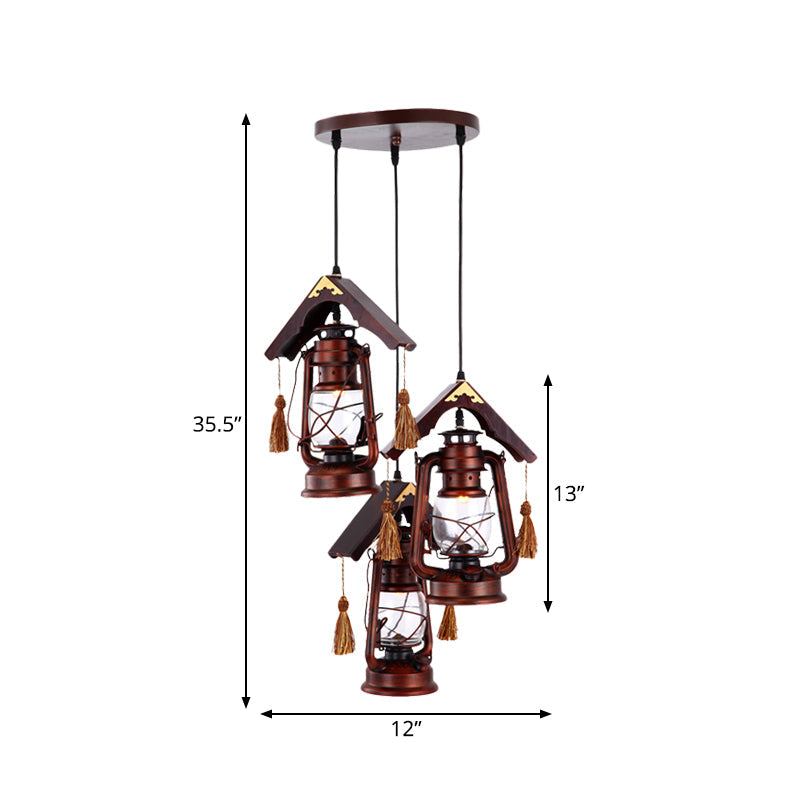 Vintage Copper Kerosene Pendant Lighting with Clear Glass and Wood Deco - Set of 3 Ceiling Lights