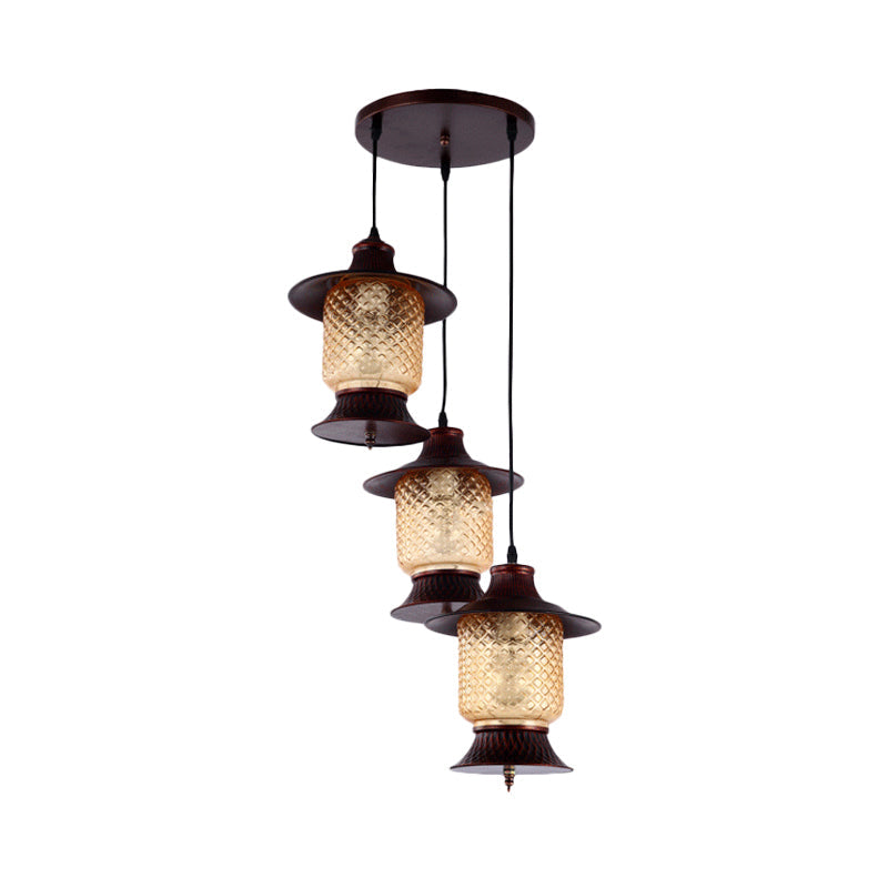 Industrial Copper Hanging Lamp with Yellow Grid Glass Shades - 3-Head Kerosene Cluster Pendant Light