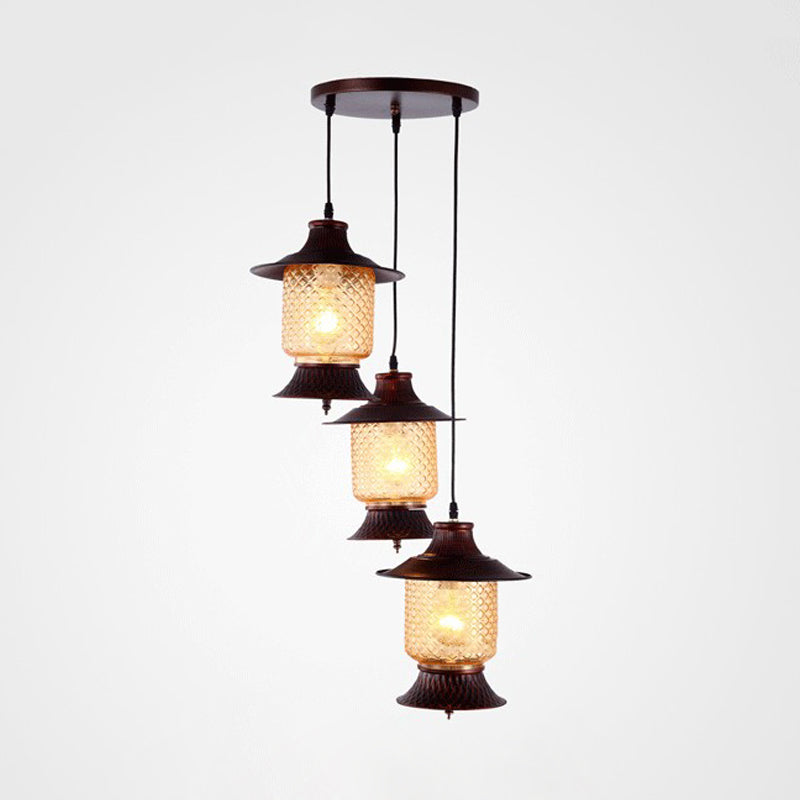 Industrial Copper Hanging Lamp with Yellow Grid Glass Shades - 3-Head Kerosene Cluster Pendant Light