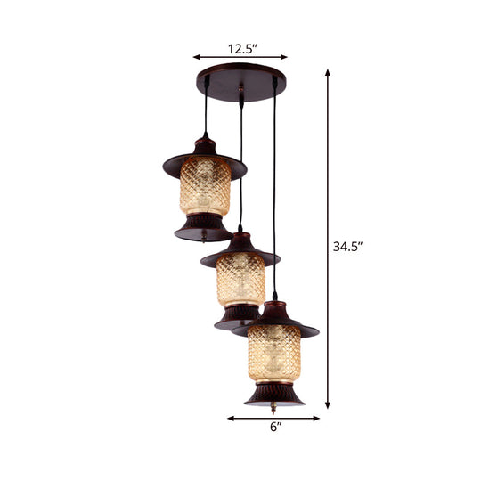 Industrial Copper Hanging Lamp with Yellow Grid Glass Shades - 3-Head Kerosene Cluster Pendant Light