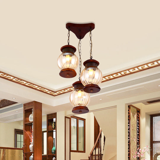 Copper Pendant Light with Tan Glass Shade - Factory Lantern Cluster Design