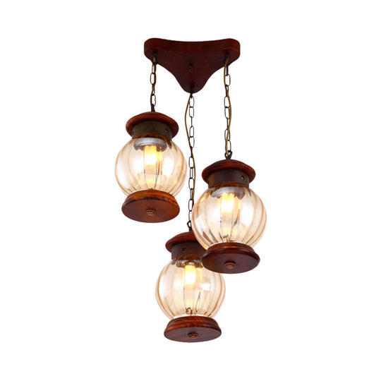 Copper Pendant Light with Tan Glass Shade - Factory Lantern Cluster Design