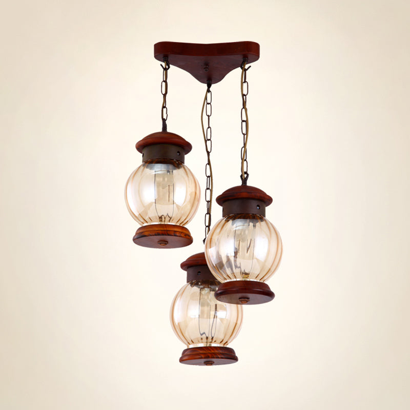 Copper Pendant Light With Tan Glass And Triangle Canopy - 3 Bulb Factory Lantern Cluster Suspension