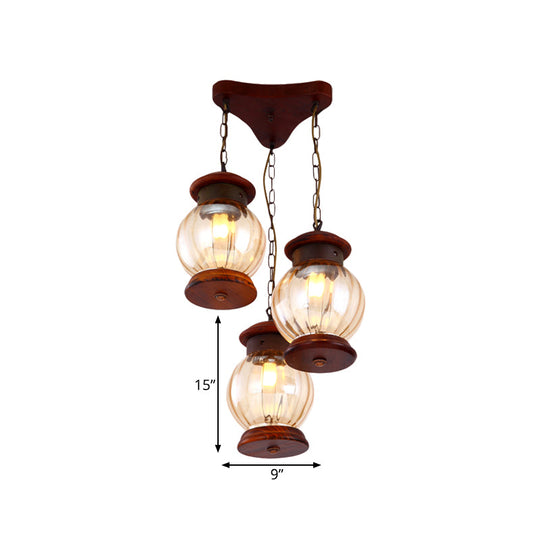 Copper Pendant Light with Tan Glass Shade - Factory Lantern Cluster Design