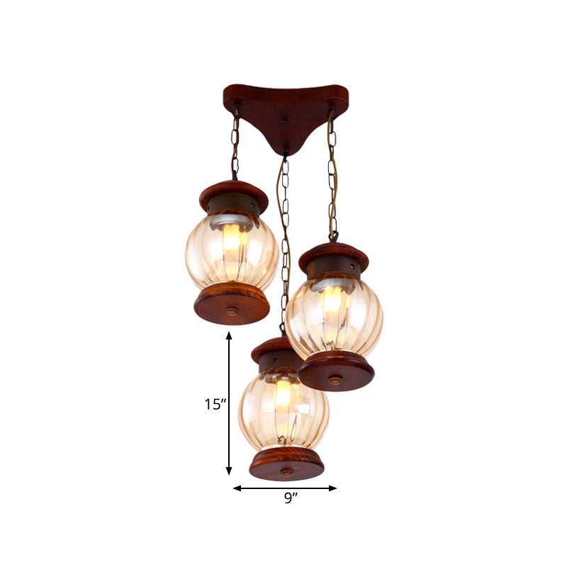 Copper Pendant Light With Tan Glass And Triangle Canopy - 3 Bulb Factory Lantern Cluster Suspension