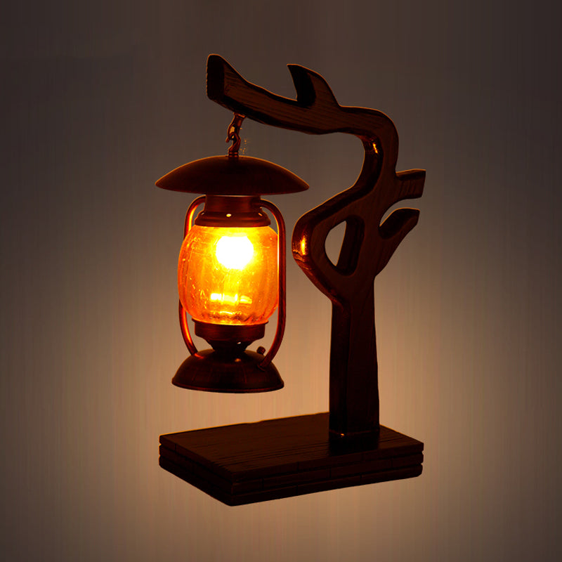 Vintage Kerosene Desk Lamp With Yellow Glass Shade - Copper Finish And Wood Tree Design