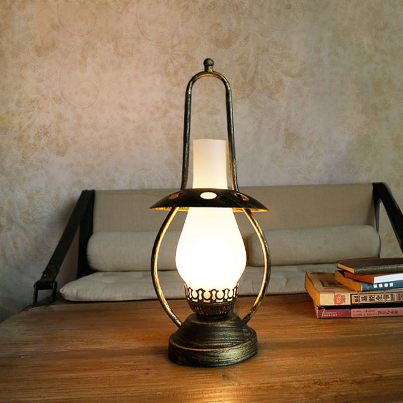 Industrial Brass Desk Lamp With White Glass Lantern And Metal Base