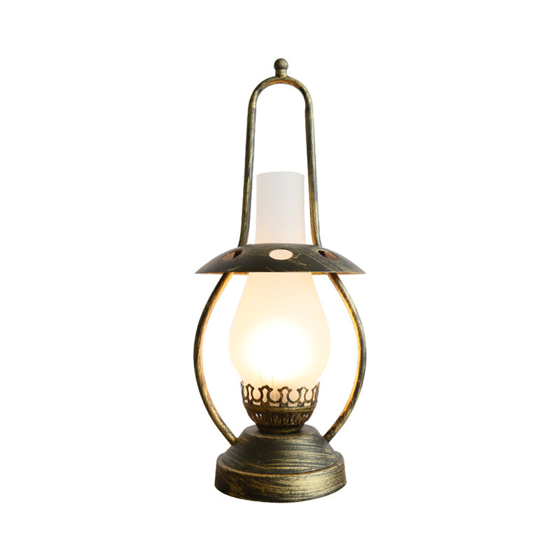 Industrial Brass Desk Lamp With White Glass Lantern And Metal Base