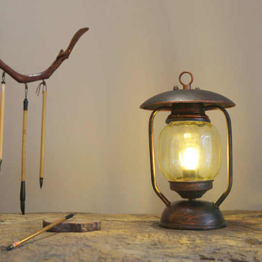 Kerosene Table Lamp - Factory Brass/Copper Finish With Tan Glass Perfect For Study Room