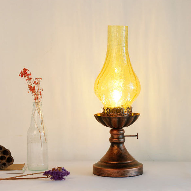 Light Yellow/Clear Crackle Glass Table Lamp - Industrial Copper Finish Vase Shade Bedroom Desk