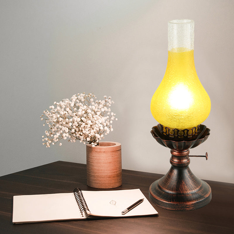 Copper Vase Table Lamp - Tan Crackle/Yellow Glass Shade Metal Base Yellow