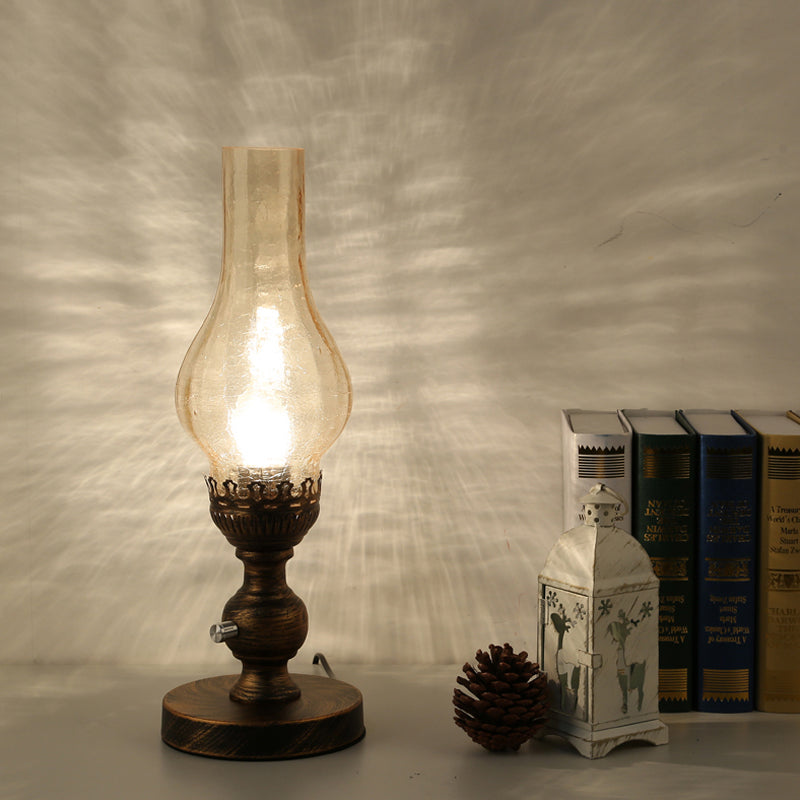 Orange/Clear Crackle Glass Desk Lighting With Iron Base - Industrial Vase Table Light For Bedroom