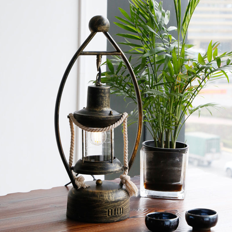 Vintage Industrial Brass Table Lamp With Clear Glass Shade - Factory Style Lantern Desk Light